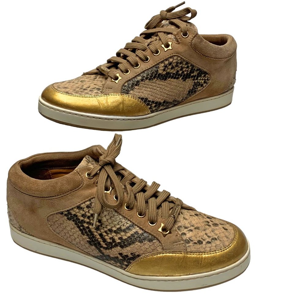Jimmy Choo Miami Snakeskin Suede Gold Leather Fashion Sneakers‎